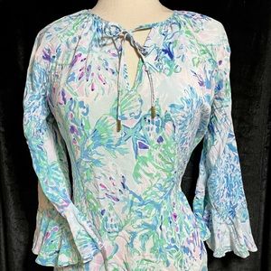 Lilly Pulitzer Willa Flounce Sleeve Top Craysea size LARGE